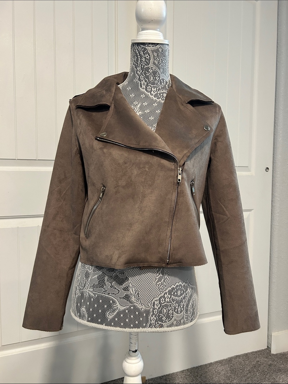HYFVE Taupe Brown Suede Moto Jacket - Asymmetric Zip L